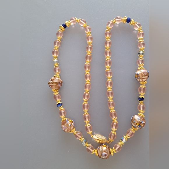 VTG Style Pink Rose & Wedding Cake ART GLASS BEADED NECKLACE 26" GF and Vermeil - Picture 4 of 11